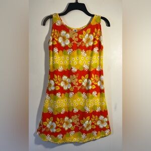 Vintage UNO card game brand yellow red Hawaiian floral print tie waist dress